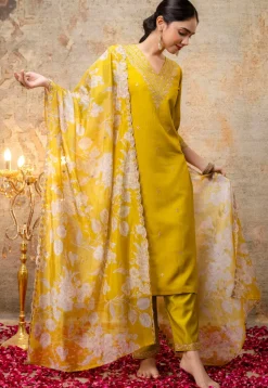 Embroidered Viscose Silk Pakistani Suit in Yellow