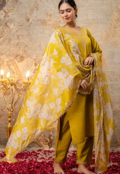 Embroidered Viscose Silk Pakistani Suit in Yellow