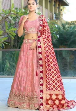 Embroidered Viscose Silk Lehenga in Pink