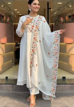 Embroidered Viscose Silk A Line Suit in Off White