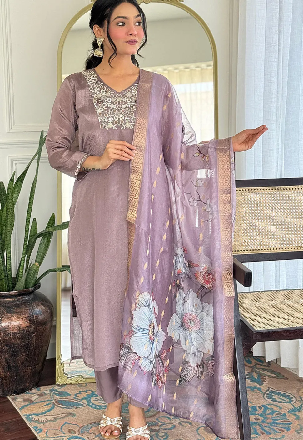 Embroidered Viscose Silk Pakistani Suit in Dusty Purple