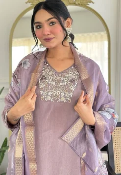 Embroidered Viscose Silk Pakistani Suit in Dusty Purple