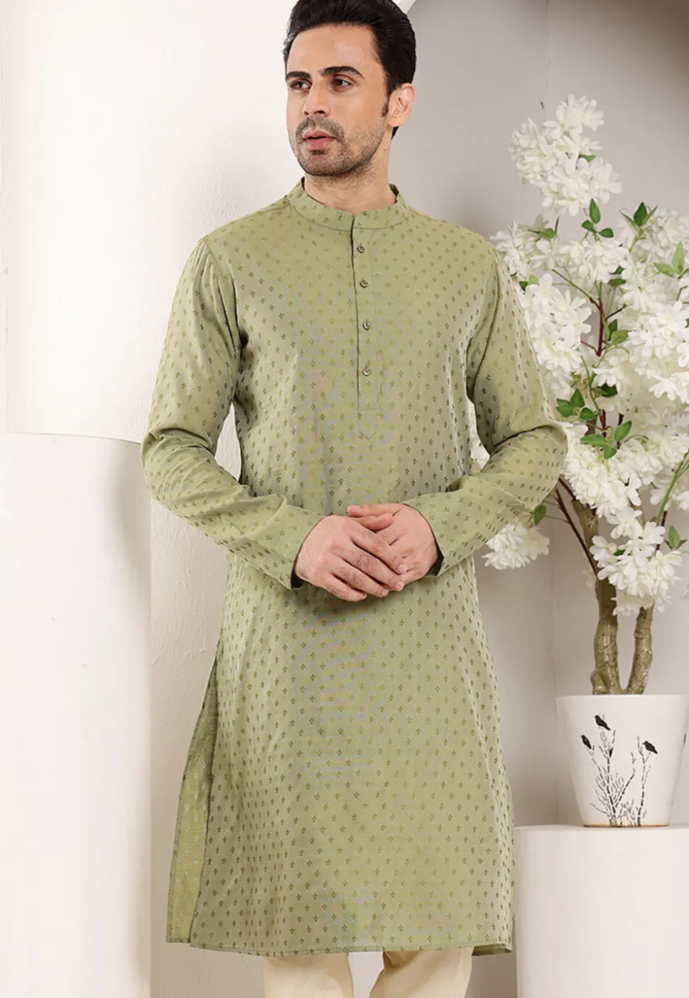 Embroidered Viscose Silk Kurta in Dusty Green