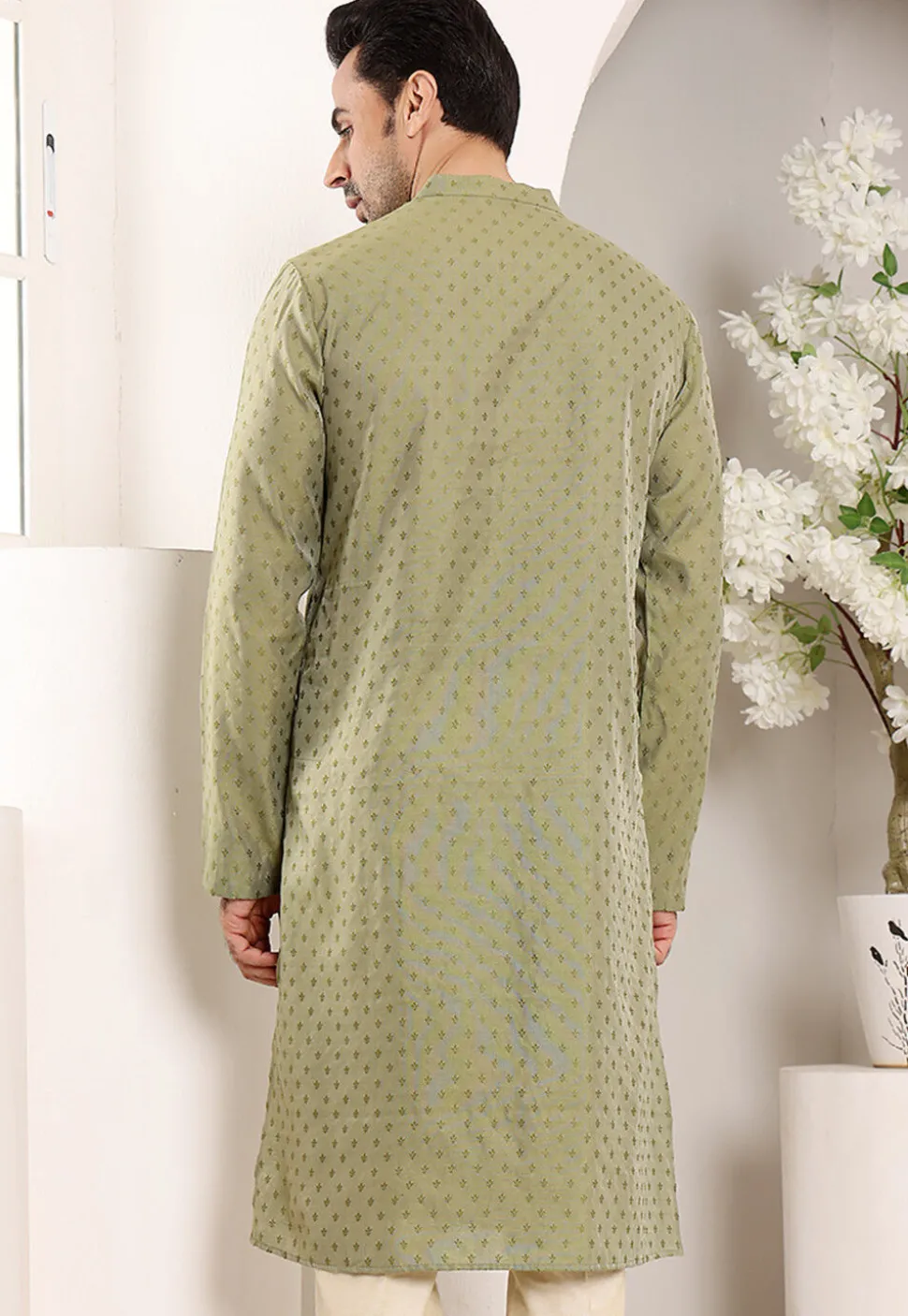 Embroidered Viscose Silk Kurta in Dusty Green