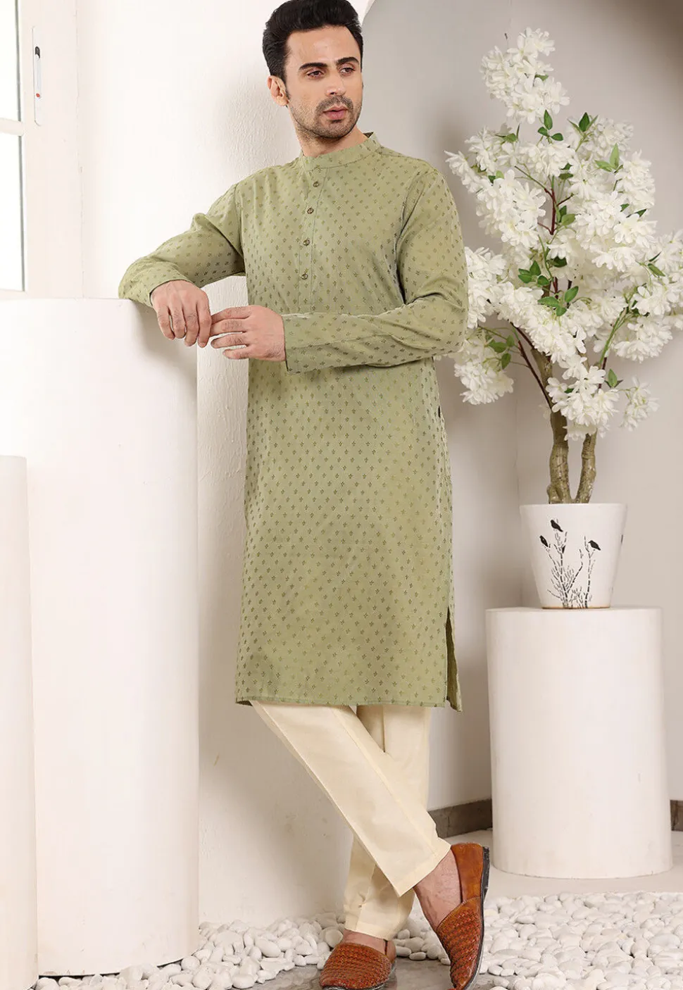 Embroidered Viscose Silk Kurta in Dusty Green