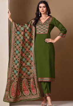 Embroidered Viscose Silk Pakistani Suit in Olive Green