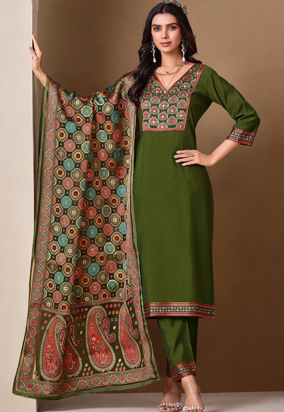 Embroidered Viscose Silk Pakistani Suit in Olive Green