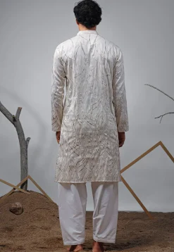 Embroidered Viscose Silk Kurta Set in Off White
