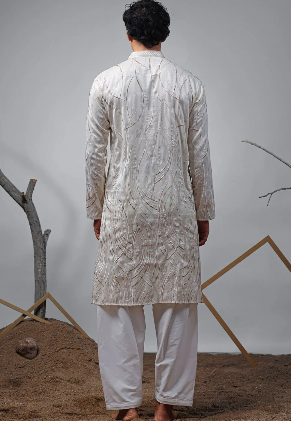 Embroidered Viscose Silk Kurta Set in Off White