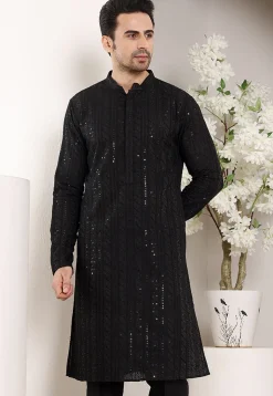 Embroidered Viscose Silk Kurta in Black