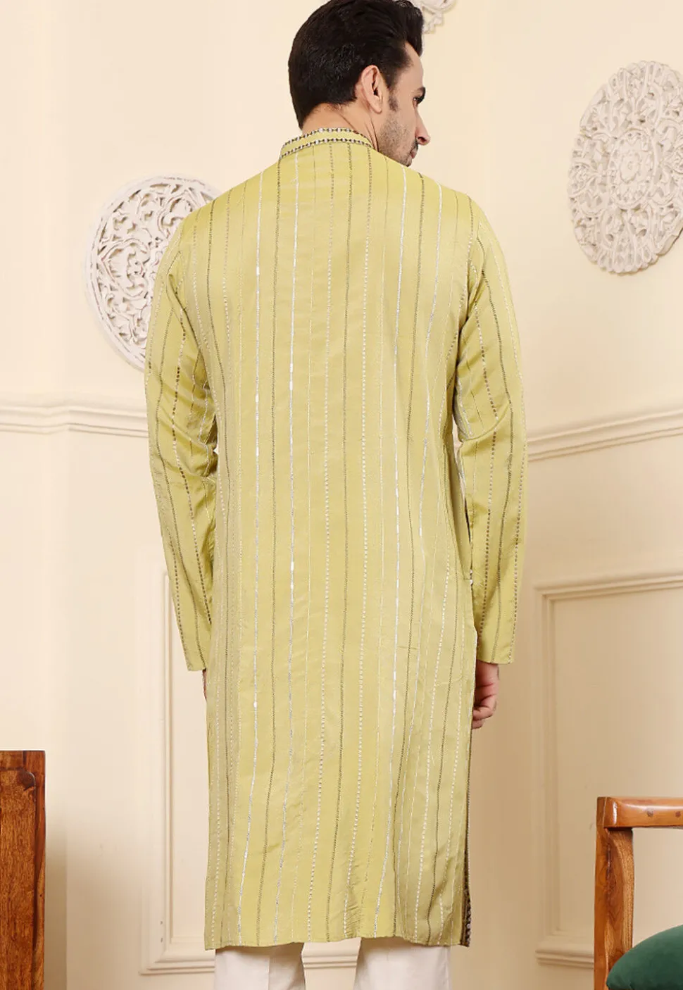 Embroidered Viscose Silk Kurta in Light Green