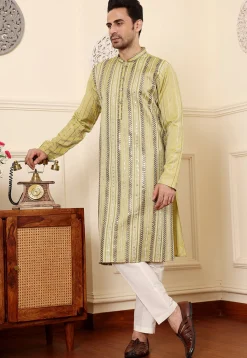 Embroidered Viscose Silk Kurta in Light Green