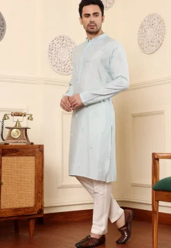 Embroidered Viscose Silk Kurta Set in Light Blue