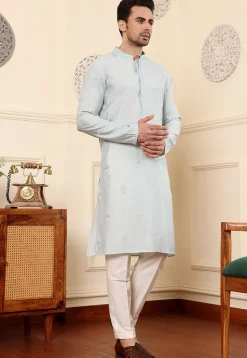 Embroidered Viscose Silk Kurta Set in Light Blue