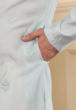 Embroidered Viscose Silk Kurta Set in Light Blue