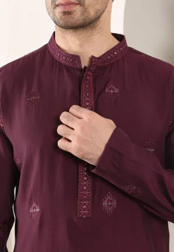 Embroidered Viscose Silk Kurta Set in Violet