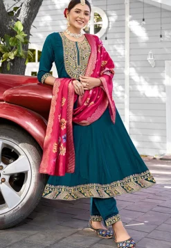 Embroidered Viscose Silk Anarkali Suit in Teal Blue