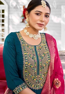 Embroidered Viscose Silk Anarkali Suit in Teal Blue