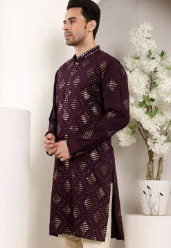 Embroidered Viscose Silk Kurta in Violet