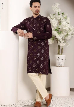 Embroidered Viscose Silk Kurta in Violet