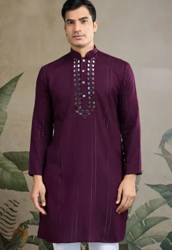 Embroidered Viscose Silk Kurta in Purple