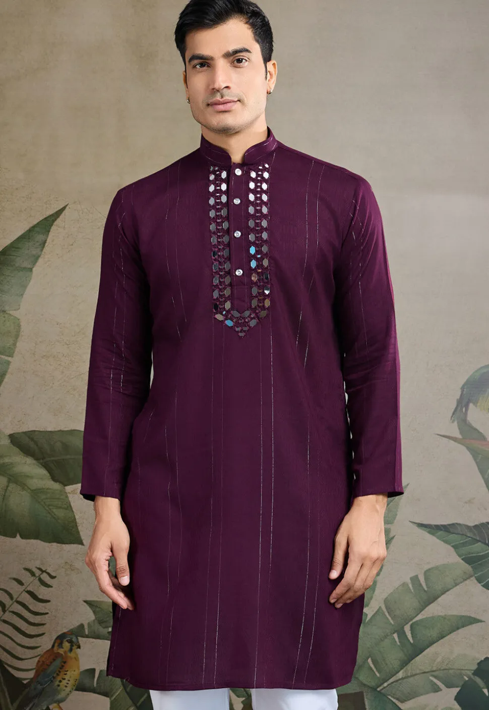 Embroidered Viscose Silk Kurta in Purple