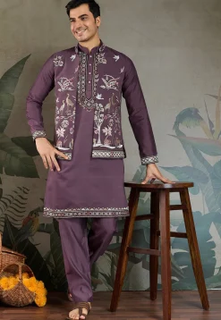 Embroidered Viscose Silk Kurta Set in Purple