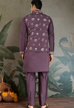 Embroidered Viscose Silk Kurta Set in Purple