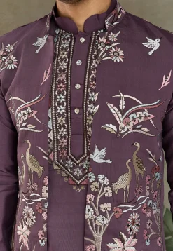 Embroidered Viscose Silk Kurta Set in Purple