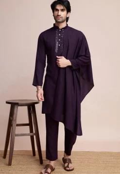 Embroidered Viscose Silk Kurta Set in Purple