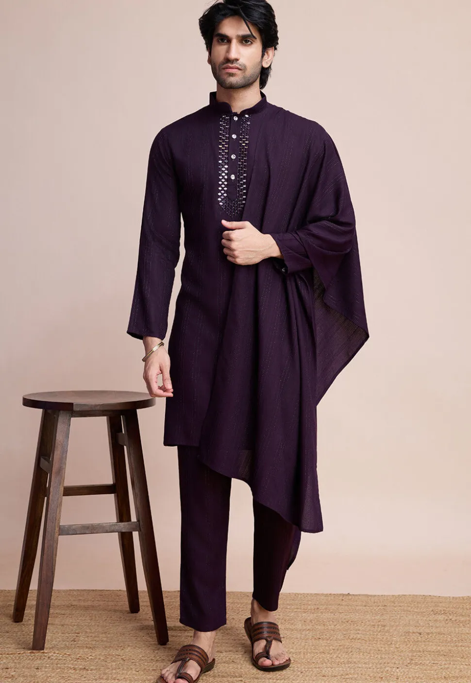 Embroidered Viscose Silk Kurta Set in Purple