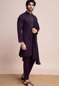Embroidered Viscose Silk Kurta Set in Purple