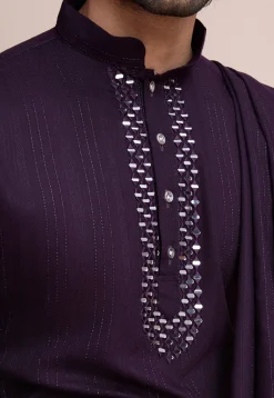 Embroidered Viscose Silk Kurta Set in Purple
