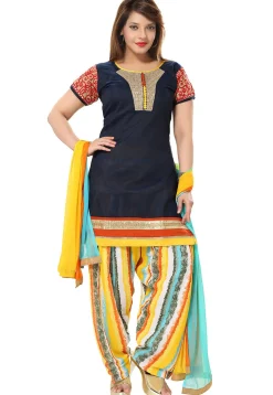 Embroidered Yoke Chanderi Silk Punjabi Suit in Navy Blue