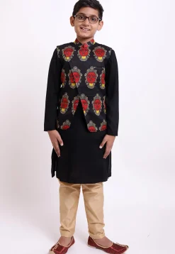 Face Printed Rayon Kurta Jacket Set in Black