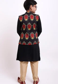 Face Printed Rayon Kurta Jacket Set in Black