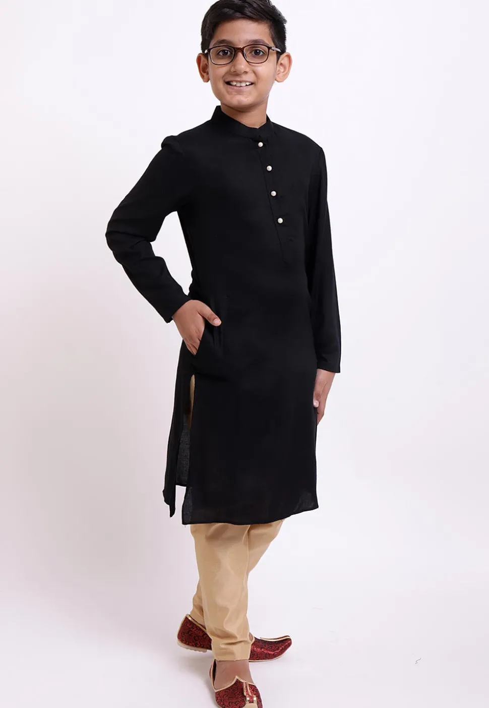 Face Printed Rayon Kurta Jacket Set in Black