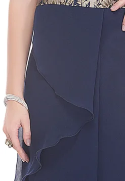 Flared Slit Brocade and Georgette Dress in Navy Blue