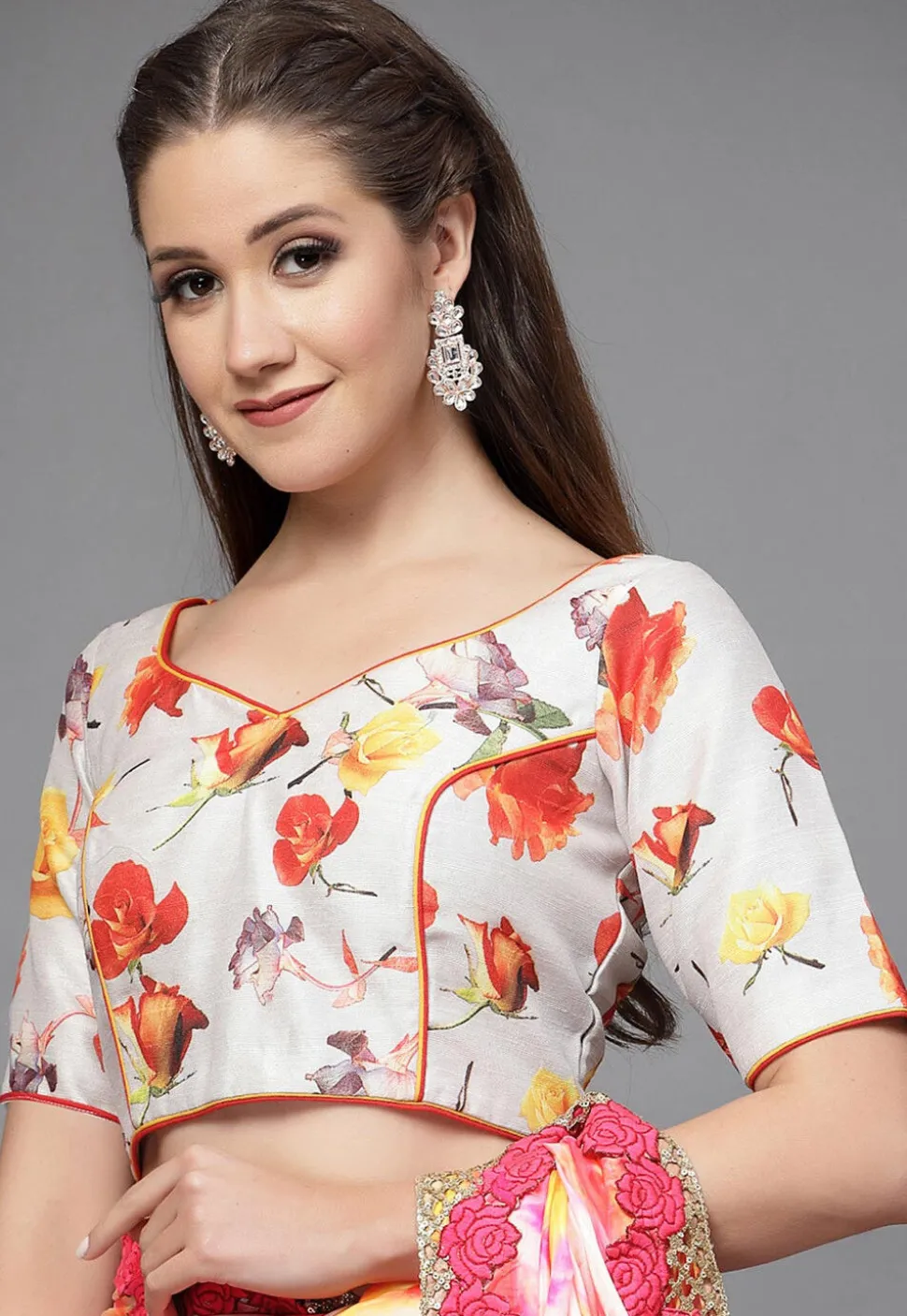 Floral Printed Art Silk Blouse in Multicolor