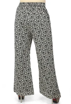 Floral Printed Art Silk Pant in Black and Beige