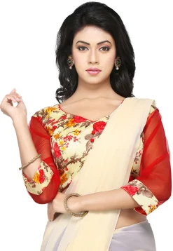 Floral Printed Bhagalpuri Silk Blouse in Cream and Red