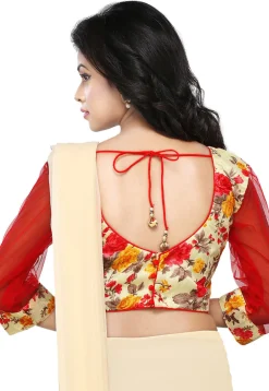 Floral Printed Bhagalpuri Silk Blouse in Cream and Red