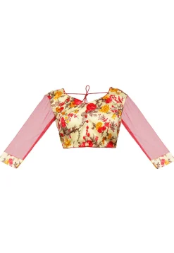 Floral Printed Bhagalpuri Silk Blouse in Cream and Red