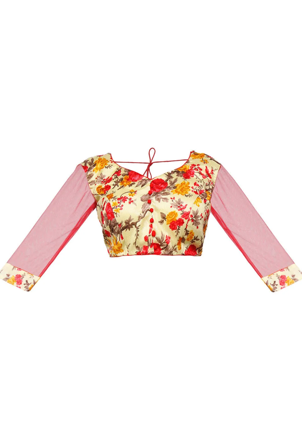Floral Printed Bhagalpuri Silk Blouse in Cream and Red