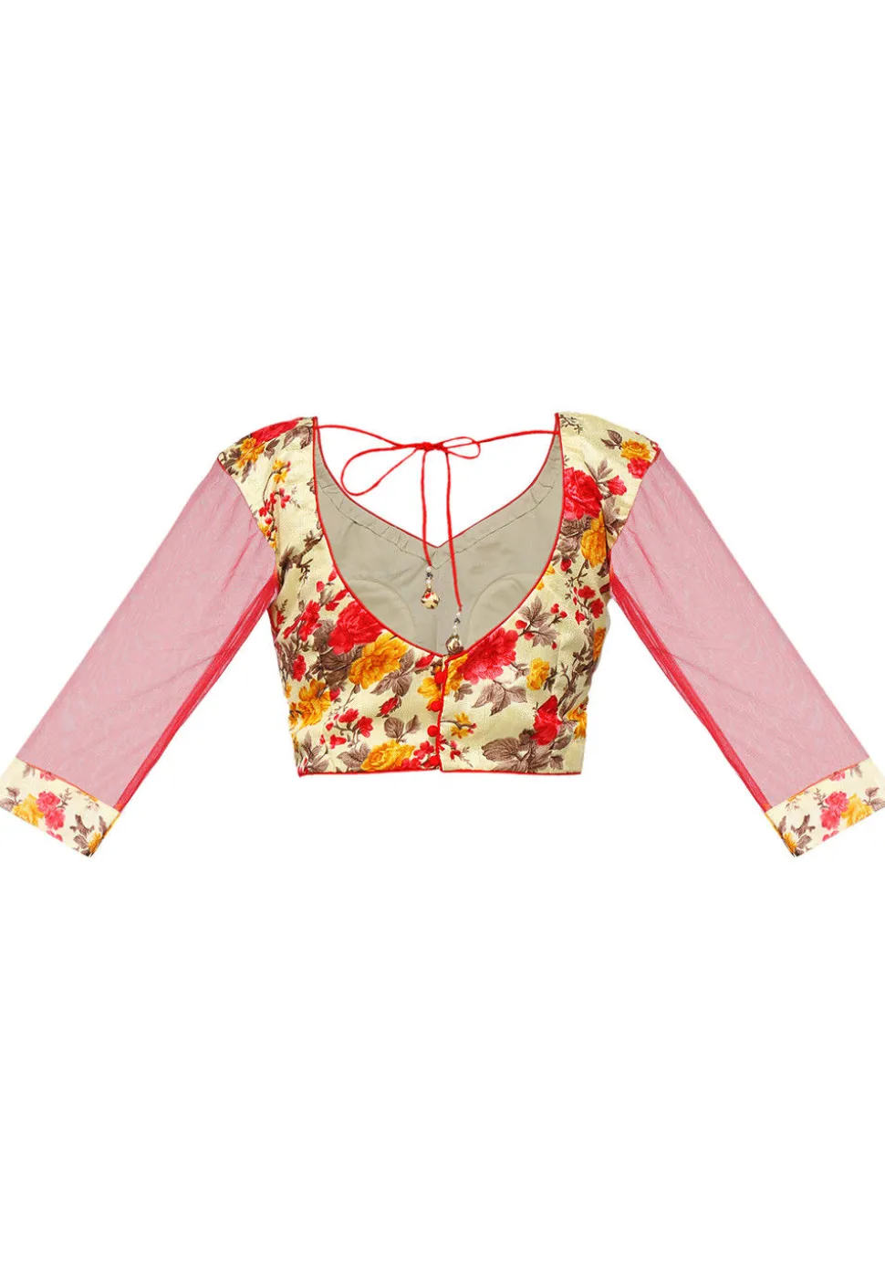 Floral Printed Bhagalpuri Silk Blouse in Cream and Red