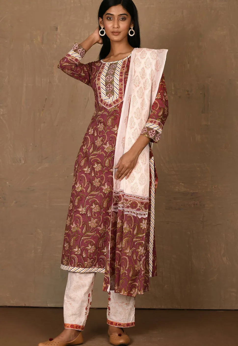 Floral Printed Cotton Pakistani Suit in Maroon