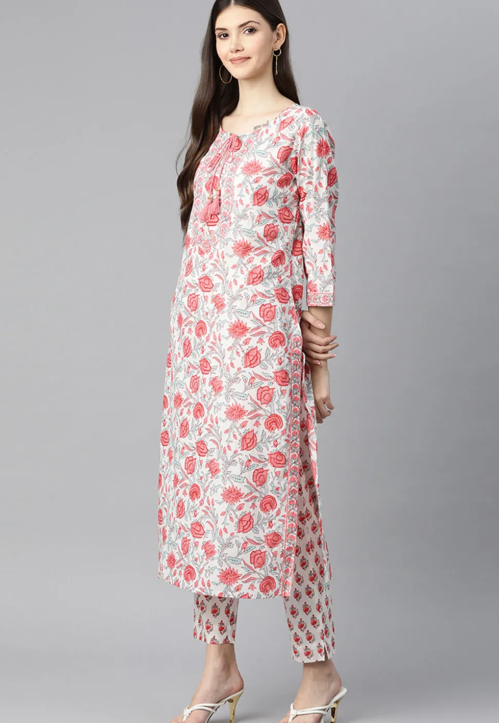 Floral Printed Cotton Pakistani Suit in White