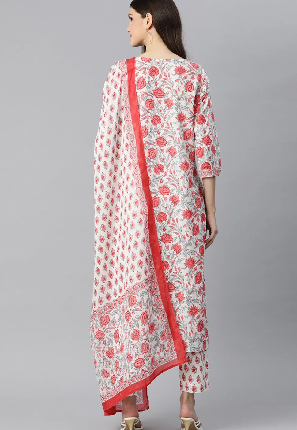 Floral Printed Cotton Pakistani Suit in White