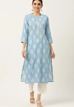 Floral Printed Cotton Straight Cut Kurta in Light Blue