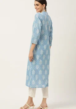 Floral Printed Cotton Straight Cut Kurta in Light Blue